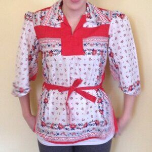 Ladies Peasant Hippie Boho Chic 1970s cotton Blouse top Tunic Gypsy Red and Whit